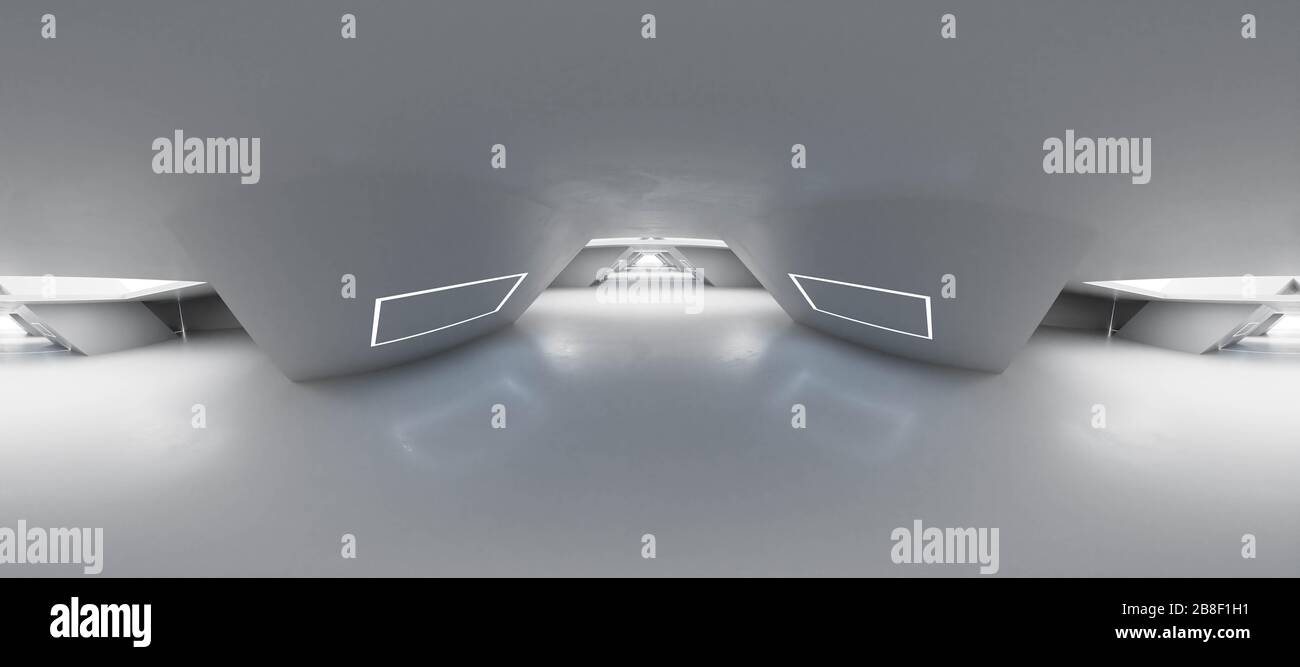Panorama équirectangulaire complet à 360 degrés hdri de l'intérieur futuriste moderne du bâtiment blanc de l'illustration de rendu tridimensionnelle Banque D'Images