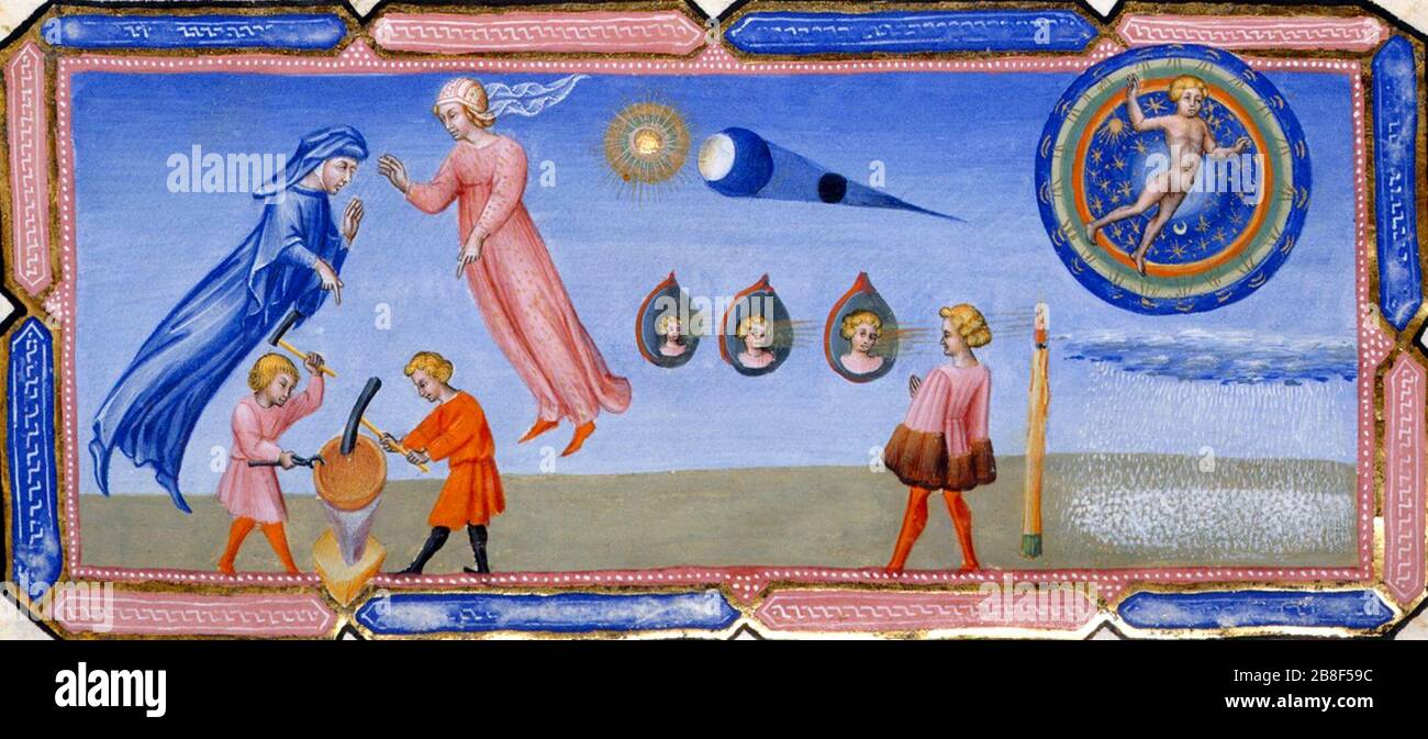 Giovanni di Paolo, Divine Comédie, Paradiso, Beatrice expliquant certaines théories scientifiques à Dante, y compris l'apparence de la lune (1444-50) Banque D'Images