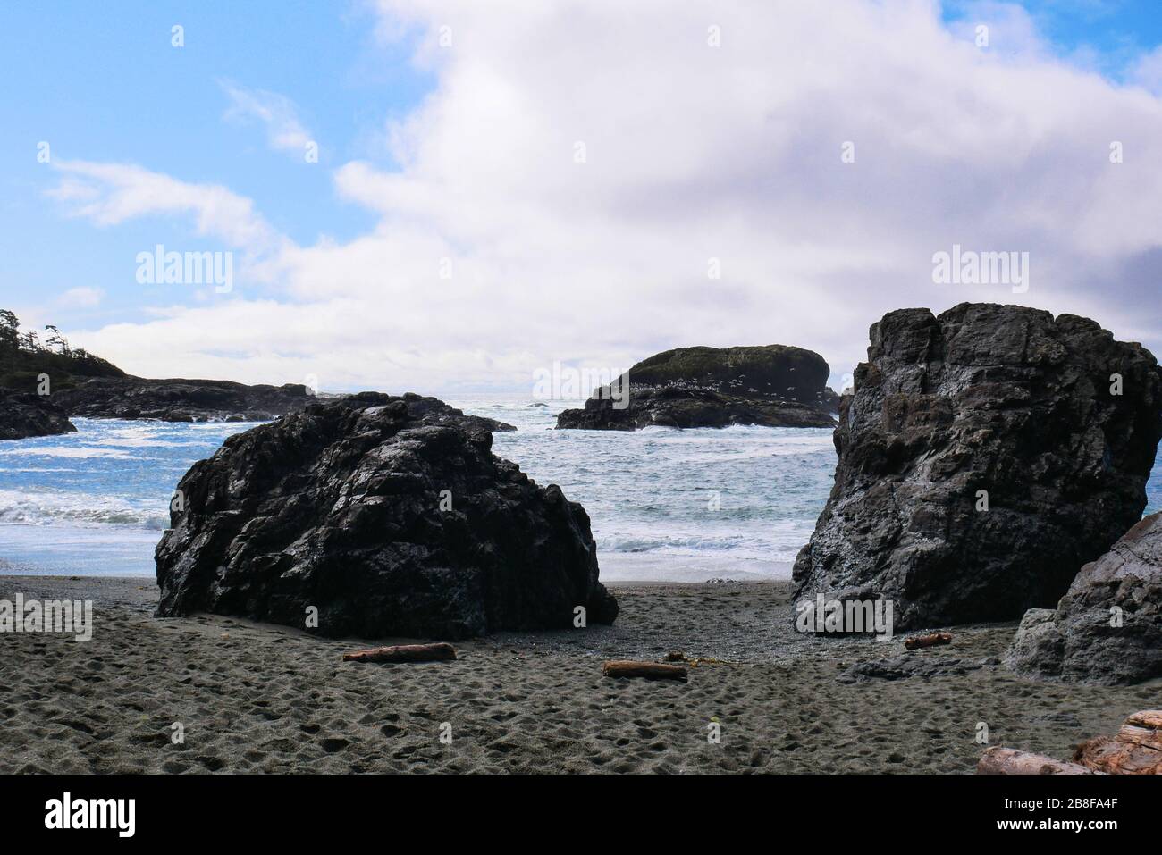 De grandes roches sur la plage de la côte ouest du Canada. Les mouettes peuvent être vues à l'atterrissage sur la roche à distance. Banque D'Images