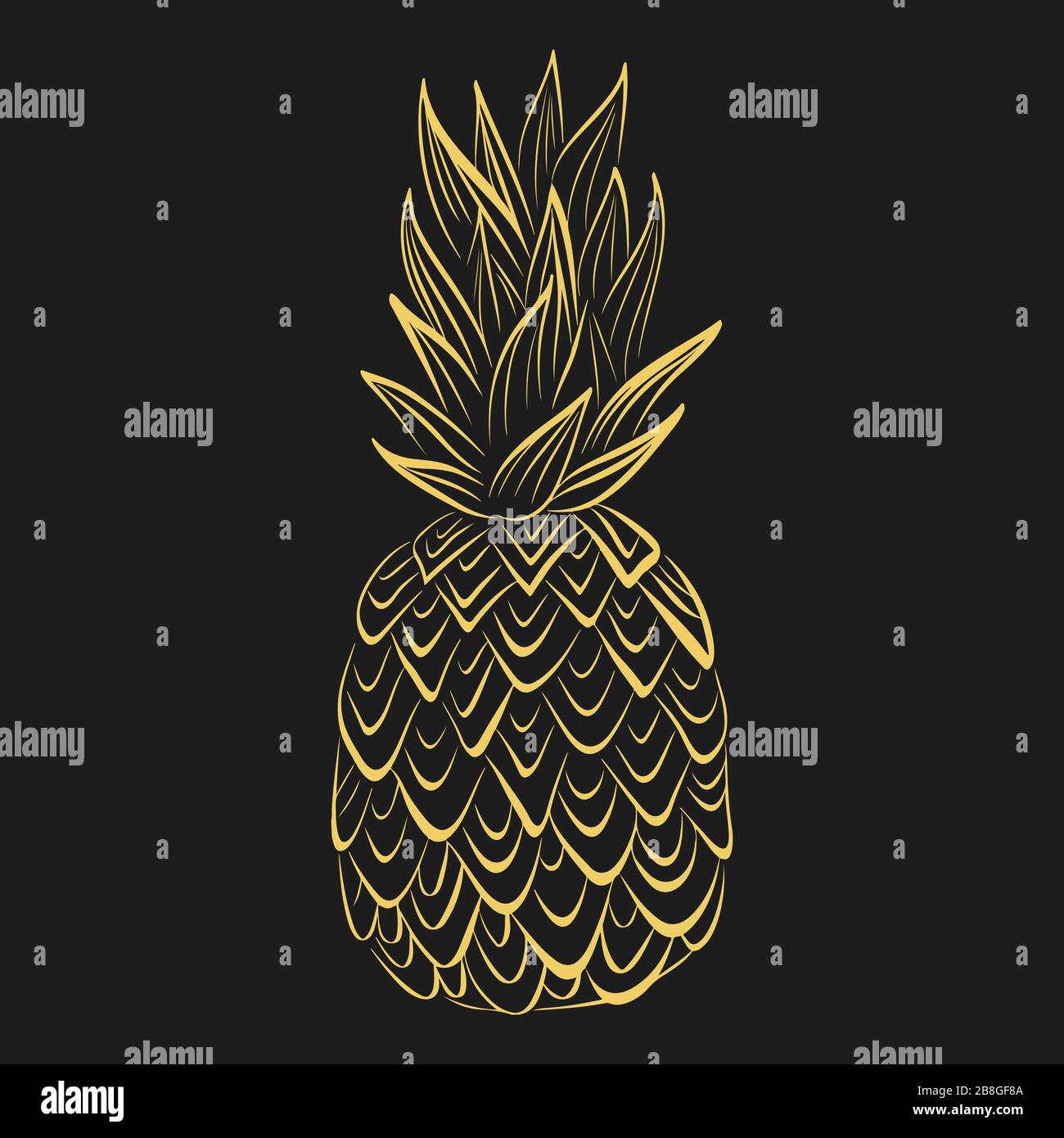 Illustration de la nourriture tropicale vectorielle. Ananas doré sur fond noir. Fruits d'été Illustration de Vecteur