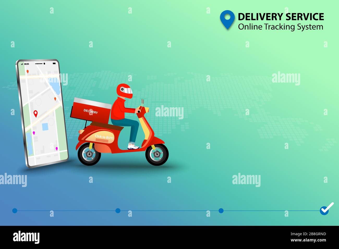 Concept de service de livraison avec système de suivi en ligne, homme conduite scooter près du smartphone et vérifier la carte et le GPS pour suivre l'expédition. Illustration de Vecteur