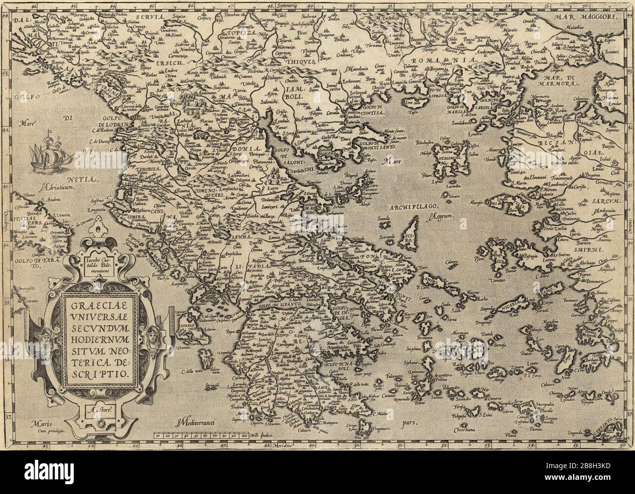 Graeciae - carte de la Grèce du XVIe siècle. Banque D'Images