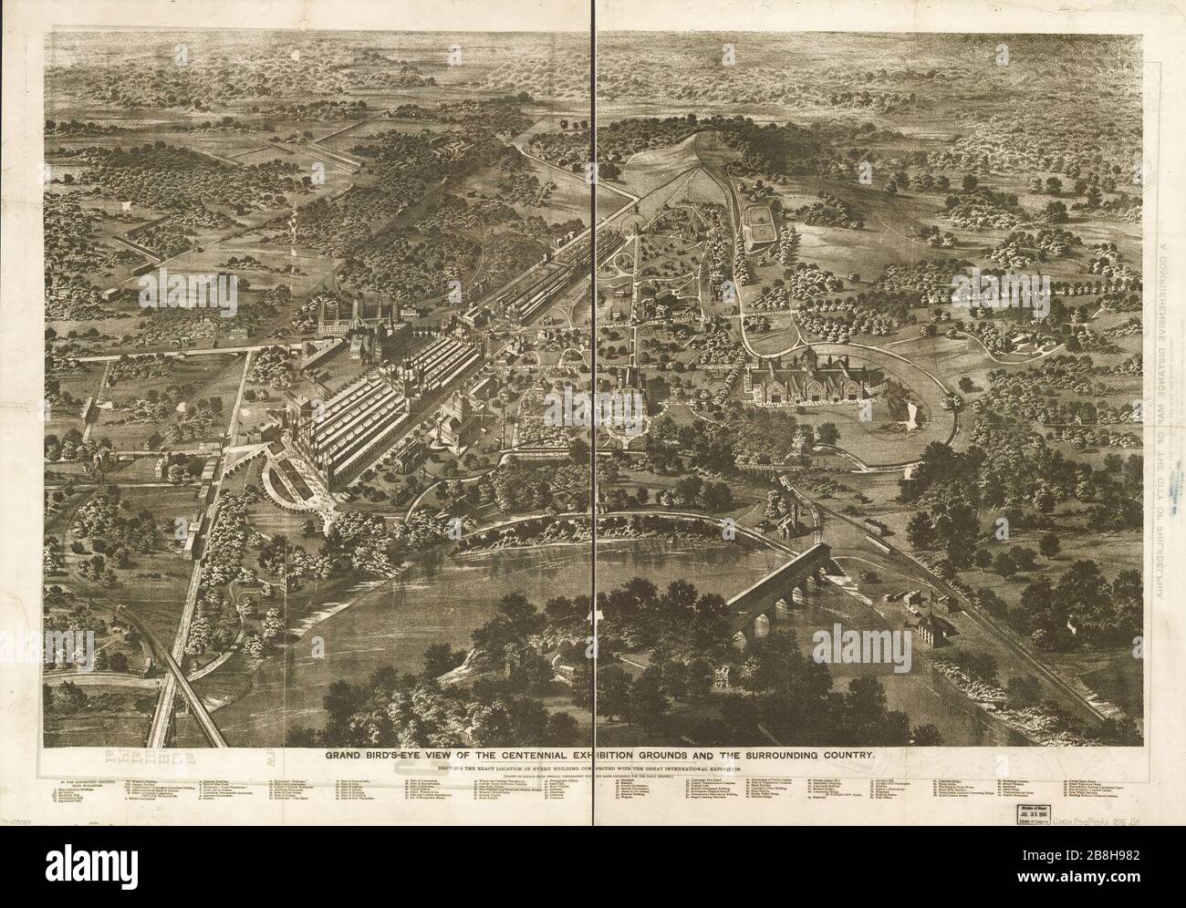 Vue panoramique sur le parc des expositions Centennial et le pays environnant - montrant l'emplacement exact de chaque bâtiment relié à la grande exposition internationale, dessinée en crayon Banque D'Images