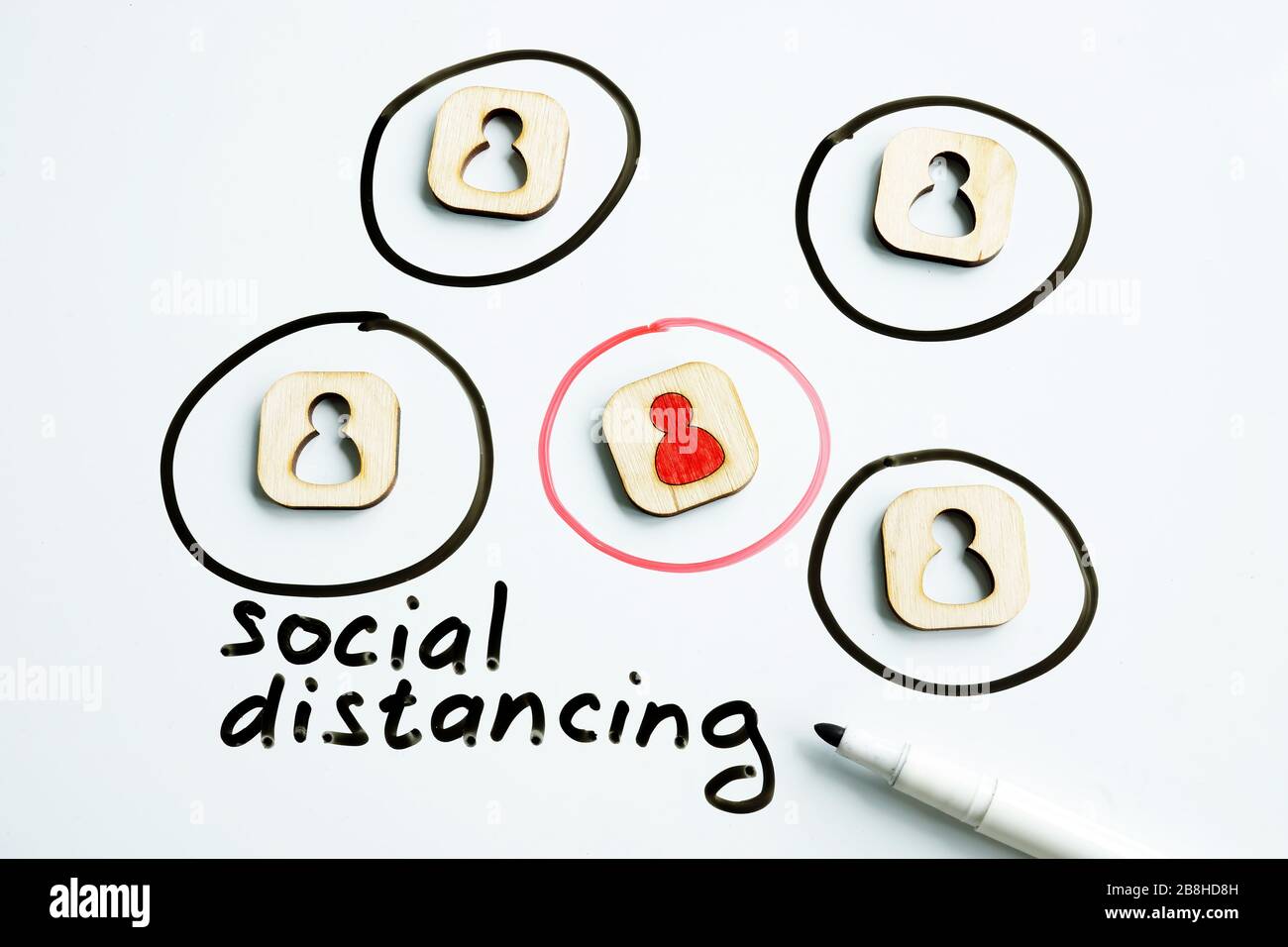 Distanciation sociale avec le concept de covid-19 du coronavirus. Petites figures et infectées une. Banque D'Images