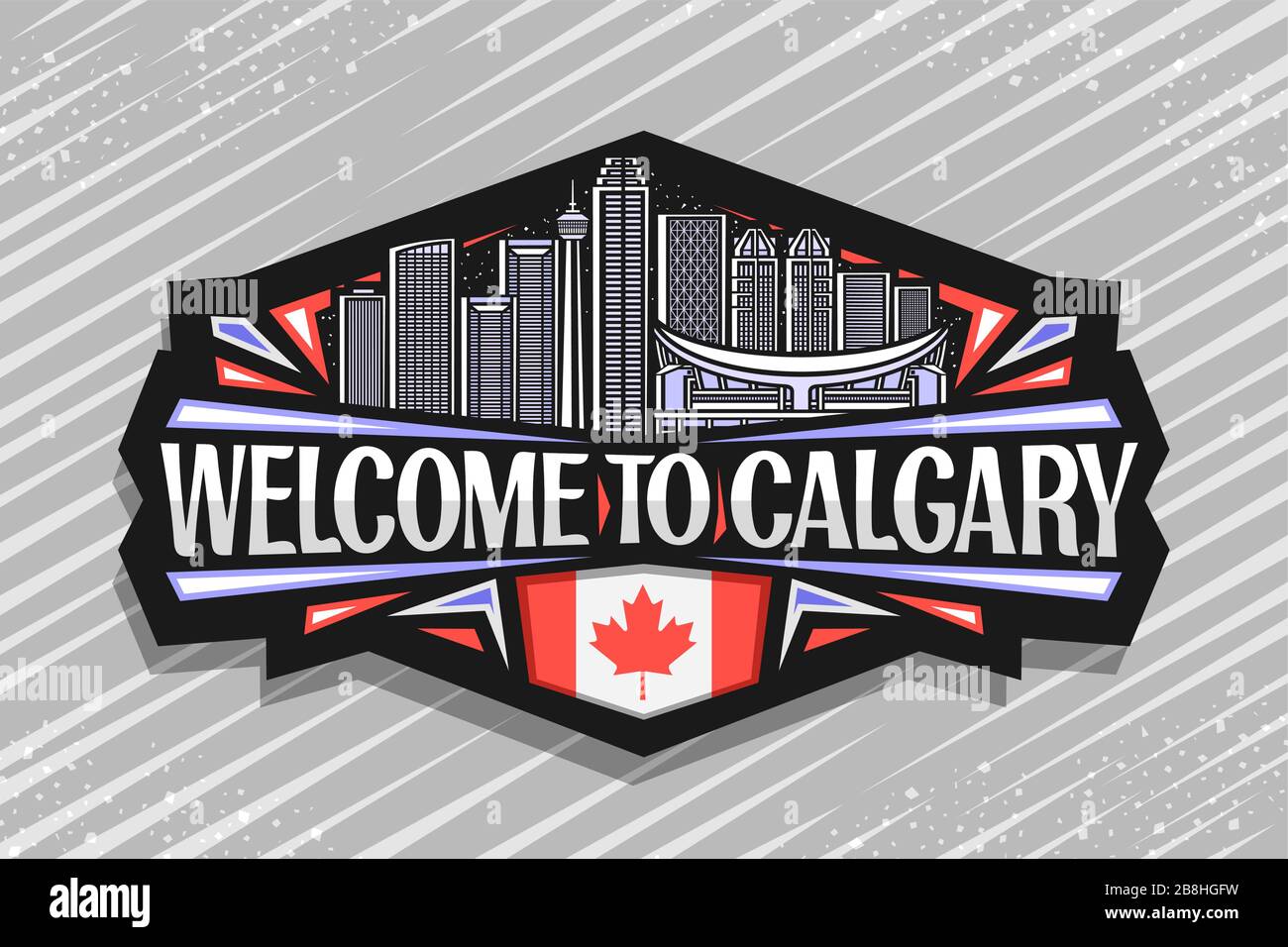 Logo vectoriel pour Calgary, écusson décoratif noir avec illustration de la ville contemporaine de calgary sur fond ciel nocturne, aimant de réfrigérateur Illustration de Vecteur