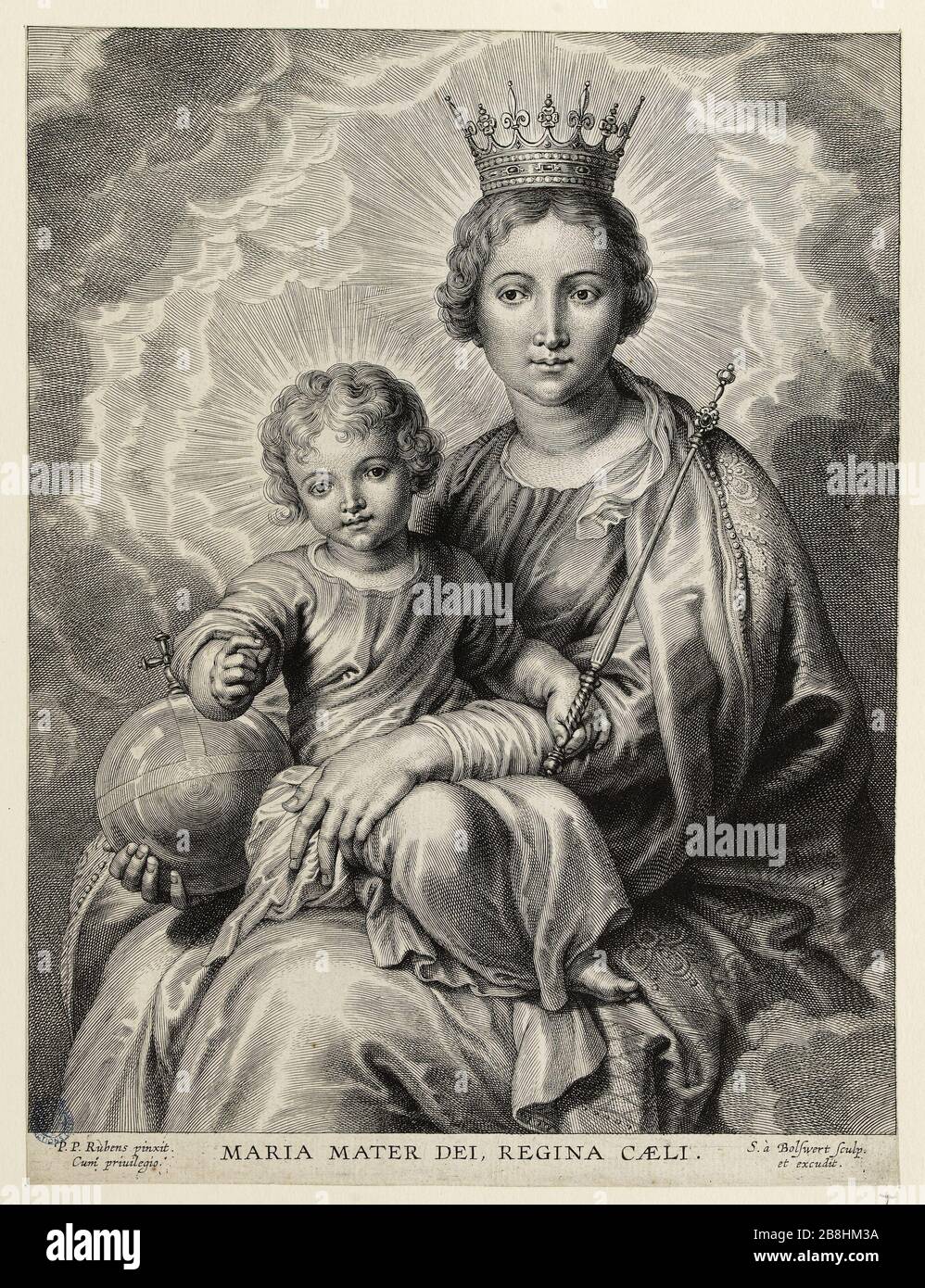 La Vierge tenant le bébé Jésus dans ses genoux, après Rubens (Dutuit 36) Boëtius Adamsz Bolswert (dit Bodius), Adams Schelte. La Vierge tenant l'enfant Jésus sur ses genoux, d'après Rubens (Dutuit 36). Burin, XVIIème siècle. Musée des Beaux-Arts de la Ville de Paris, petit Palais. Banque D'Images