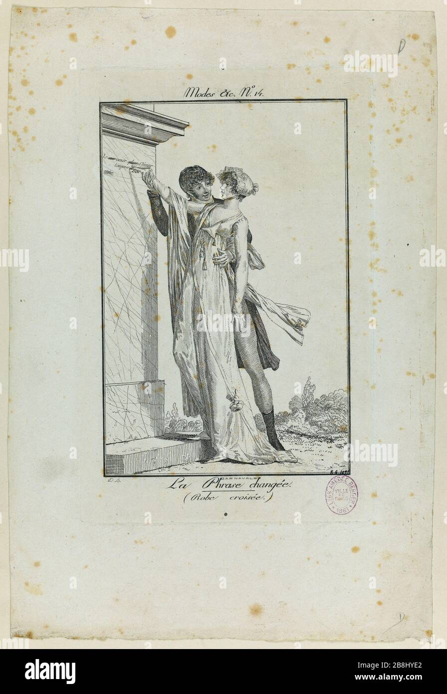 Méthodes et modes de la journée à Paris à la fin du XVIIIe siècle et au début du XIXe siècle; la phrase a changé '/ (robe croisée Louis-Philibert Debucourt (1755-1832). 'Modes et manies du jour à Paris à la fin du XVIIIème siècle et au commencement du XIXème siècle'.'la phrase changée' (robe de crocodile). Gravure (eau-forte). Paris, musée Carnavalet. Banque D'Images