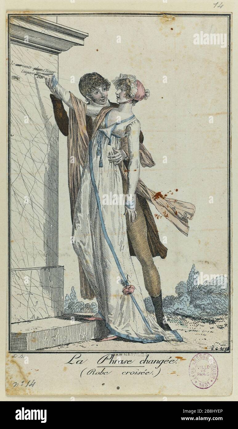 Méthodes et modes de la journée à Paris à la fin du XVIIIe siècle et au début du XIXe siècle; la phrase a changé '/ (robe croisée Louis-Philibert Debucourt (1755-1832). 'Modes et manies du jour à Paris à la fin du XVIIIème siècle et au commencement du XIXème siècle'.'la phrase changée' (robe de crocodile). Gravure (eau-forte). Paris, musée Carnavalet. Banque D'Images