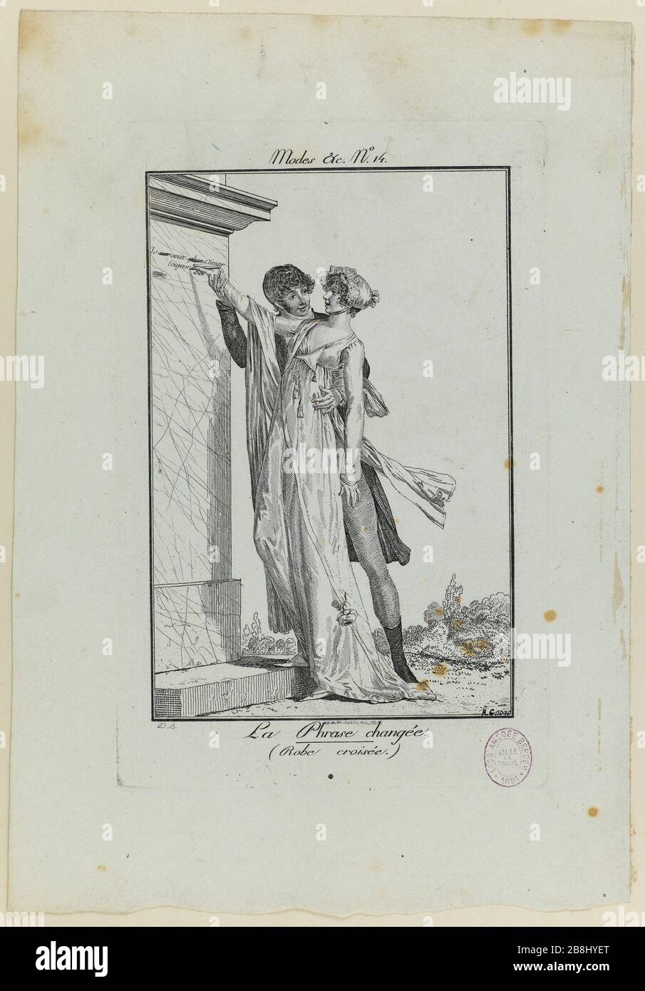 Méthodes et modes de la journée à Paris à la fin du XVIIIe siècle et au début du XIXe siècle; la sentence a changé Louis-Philibert Debucourt (1755-1832). 'Modes et manies du jour à Paris à la fin du XVIIIème siècle et au commencement du XIXème siècle'.'la phrase changée' (robe de crocodile). Gravure (eau-forte). Paris, musée Carnavalet. Banque D'Images