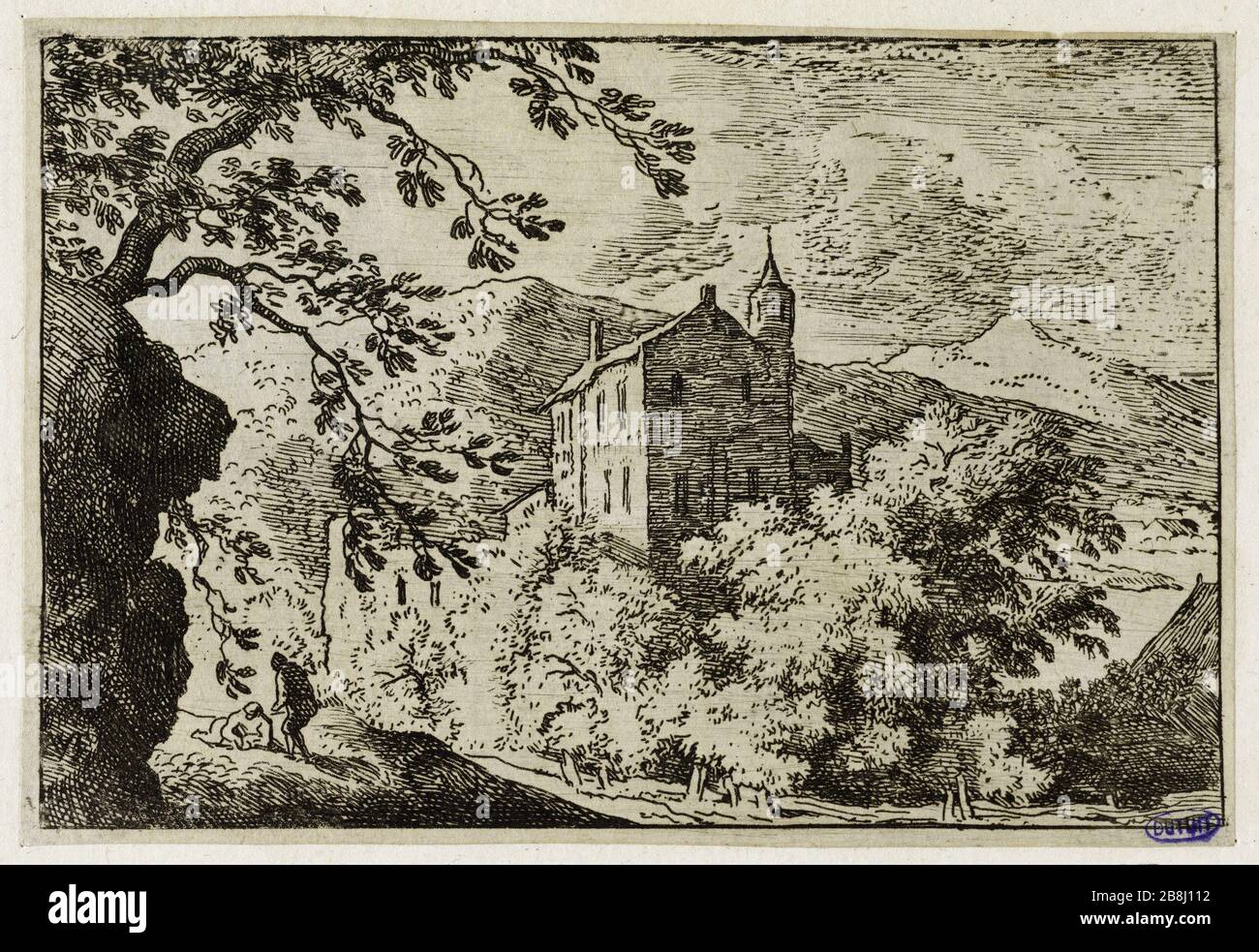 La maison avec tourelle (Bartsch 29) Allart Van Everdingen (1621-1675), PEINtre hollandais. La Maison avec ttourelle (Bartsch 29). Eau-forte sur papier, 1645-1675. Musée des Beaux-Arts de la Ville de Paris, petit Palais. Banque D'Images