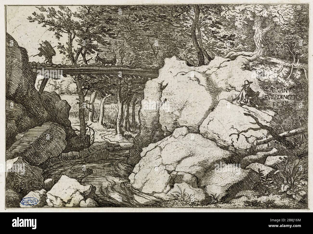 Chèvre sur le pont (Bartsch 51) Allart Van Everdingen (1621-1675), pître hollandais. La chèvre sur le petit pont (Bartsch 51). Eau-forte sur papier, 1645-1675. Musée des Beaux-Arts de la Ville de Paris, petit Palais. Banque D'Images