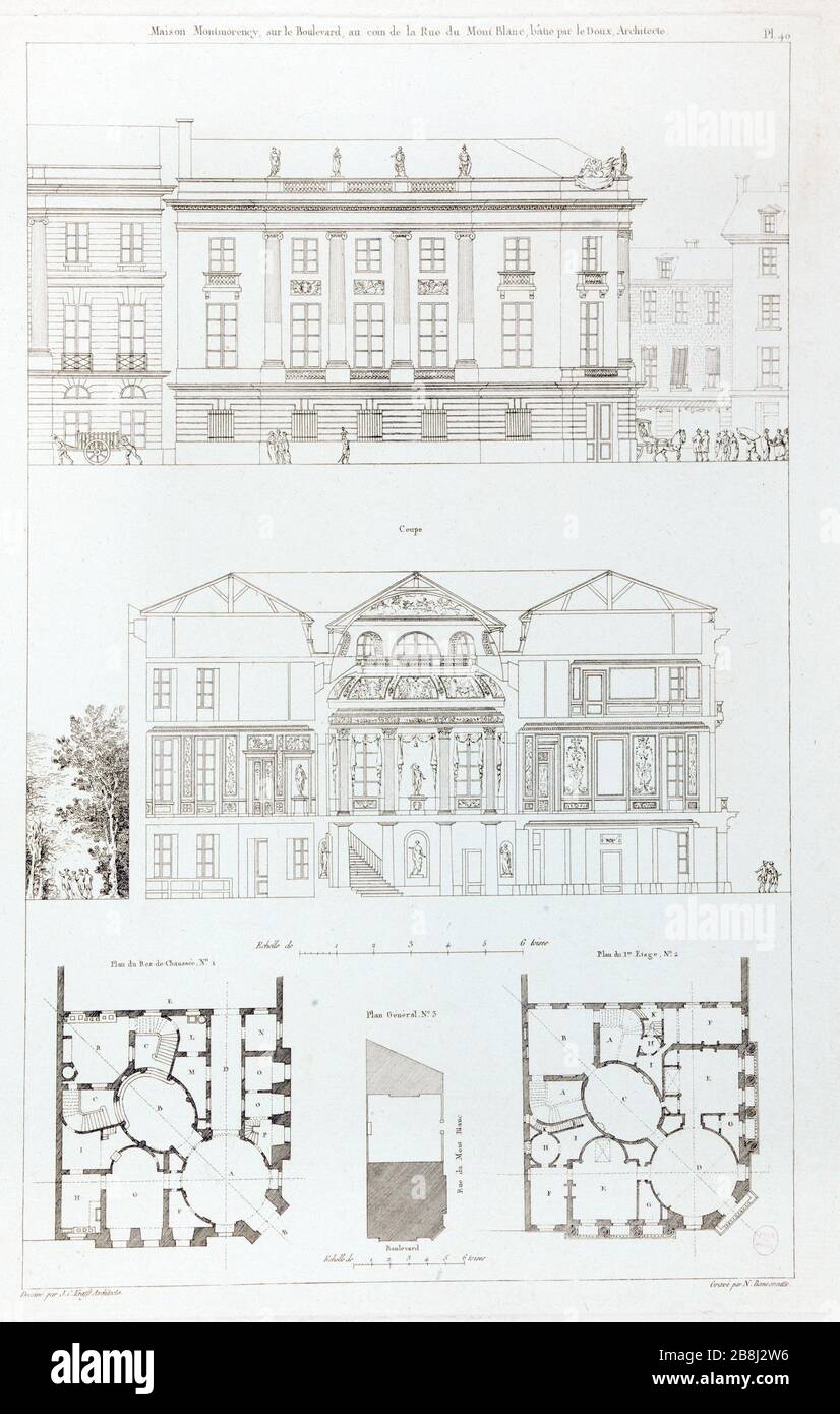 MAISON DE MONTMORENCY SUR LE BOULEVARD À L'ANGLE DE LA RUE DU MONT BLANC, CONSTRUITE PAR L'ARCHITECTE PIERRE NICOLAS RANSONNETTE (1793-1877). 'Maison Montmorency sur le boulevard au coin de la rue du Mont-Blanc, bâtiment par le doux, architecture'. Gravité. Paris, musée Carnavalet. Banque D'Images