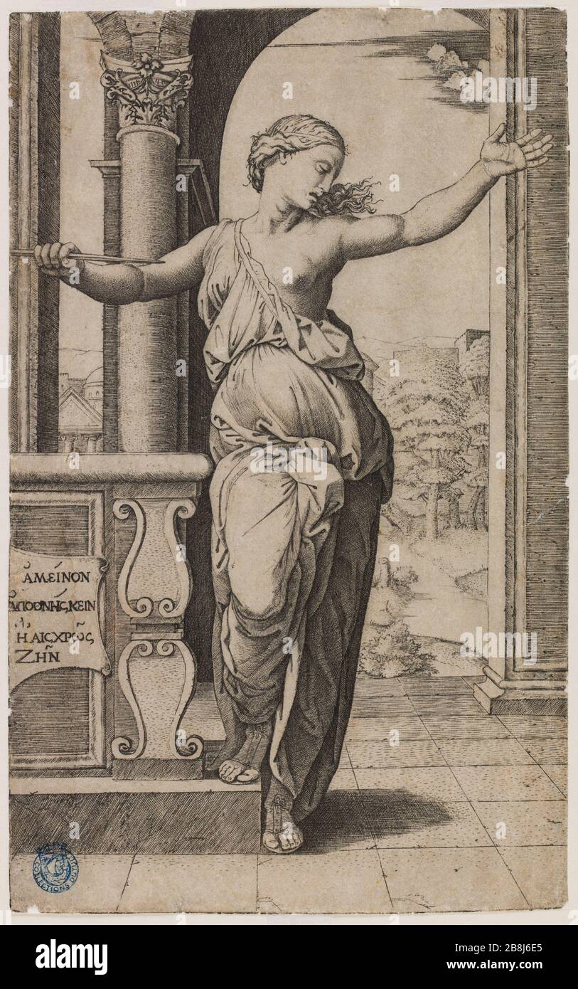 Lucretia après Raphaël (Bartsch 192) Marc Antoine Raimondi (1480-vers1534). Lucrèce d'après Raphaël (Bartsch 192). Eau-forte, burin. XVIème siècle. Musée des Beaux-Arts de la Ville de Paris, petit Palais. Banque D'Images