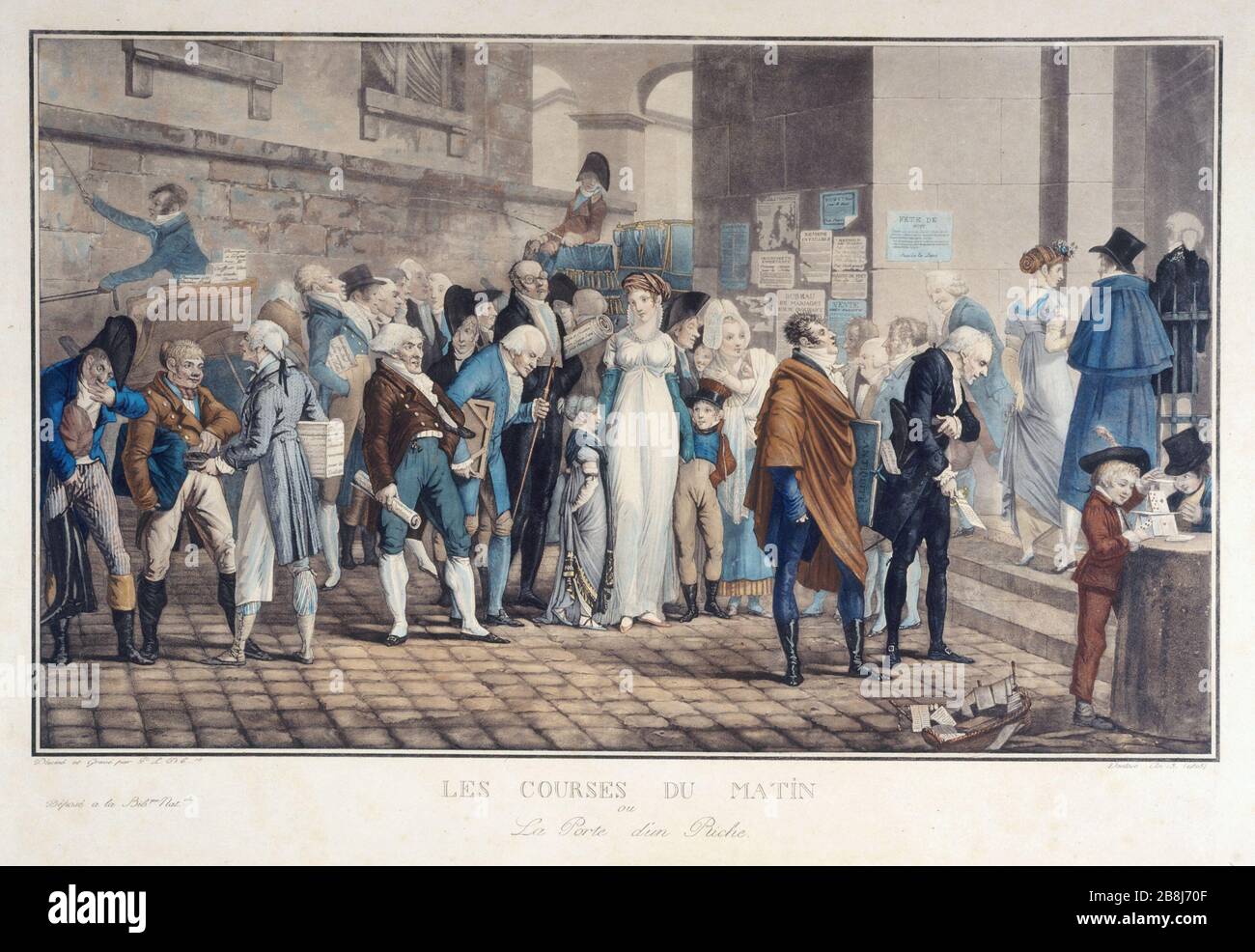 Les courses matinales ou la porte d'un riche Philibert-Louis Debucourt (1755-1832), d'après Carle Vernet (1758-1836). 'Les cours du matin'. Gravure (aquatinte en couleurs), 1805. Paris, musée Carnavalet. Banque D'Images