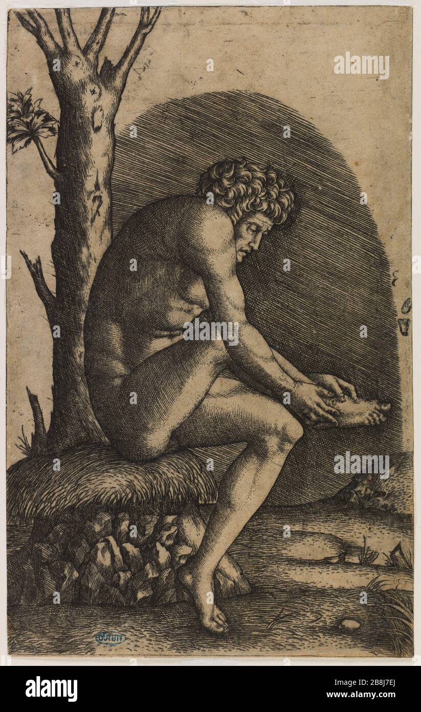 Homme examinant son pied blessé (Bartsch 465) Marc Antoine Raimondi (1480-vers1534). L'Homme exemptant la mesure de son pied (Bartsch 465). Eau-forte, burin. XVIème siècle. Musée des Beaux-Arts de la Ville de Paris, petit Palais. Banque D'Images