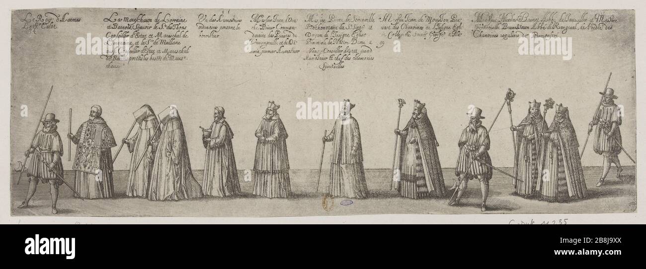 Funérailles de Charles troisième nom, duc de Lorraine, Nancy fait l'année 1608, trente-quatrième représentation du conseil procession Arms rois, Sieur (John) Callot (le Blanc 47 page 516; Andreas Andresen 10, Volume 4, page 192) Friedrich Brentel, dit Brentel le père (1580-1651). Pompe funéraire de Charles troisième du nom, Duc de Lorraine, fait à Nancy l'an 1608, tente-quatrième planète de la représentation du cortège : les rois d'armes, le siège (Jean) Callot (le Blanc 47 page 516 ; Andreas Andresen 10, tome 4, page 192). Eau-forte. 1609. Musée des Beaux-Arts de la Ville de Paris, petit Palais. Banque D'Images