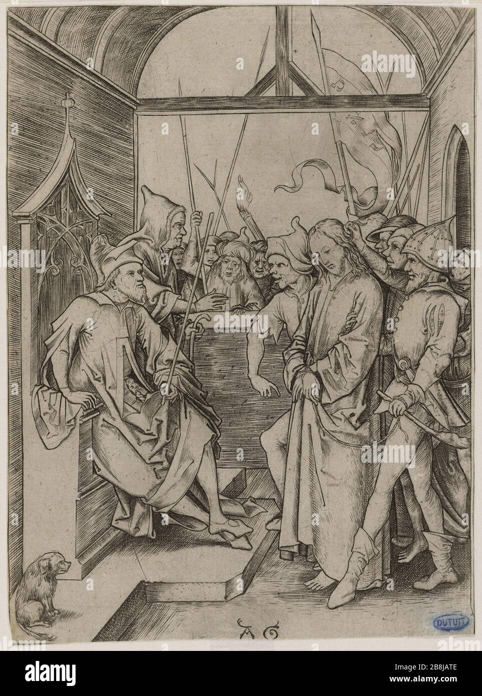 La passion de Jésus-Christ : Jésus-Christ devant le Grand prêtre. (6 Bartsch, Volume VI, page 346) Albrecht Glockendon dit l'île (né vers 1432). 'La Passion de Jésus-Christ : Jésus-Christ devant le Grand prêtre. (Bartsch 6, tome VI, page 346). Burin. 1470. Musée des Beaux-Arts de la Ville de Paris, petit Palais. Banque D'Images