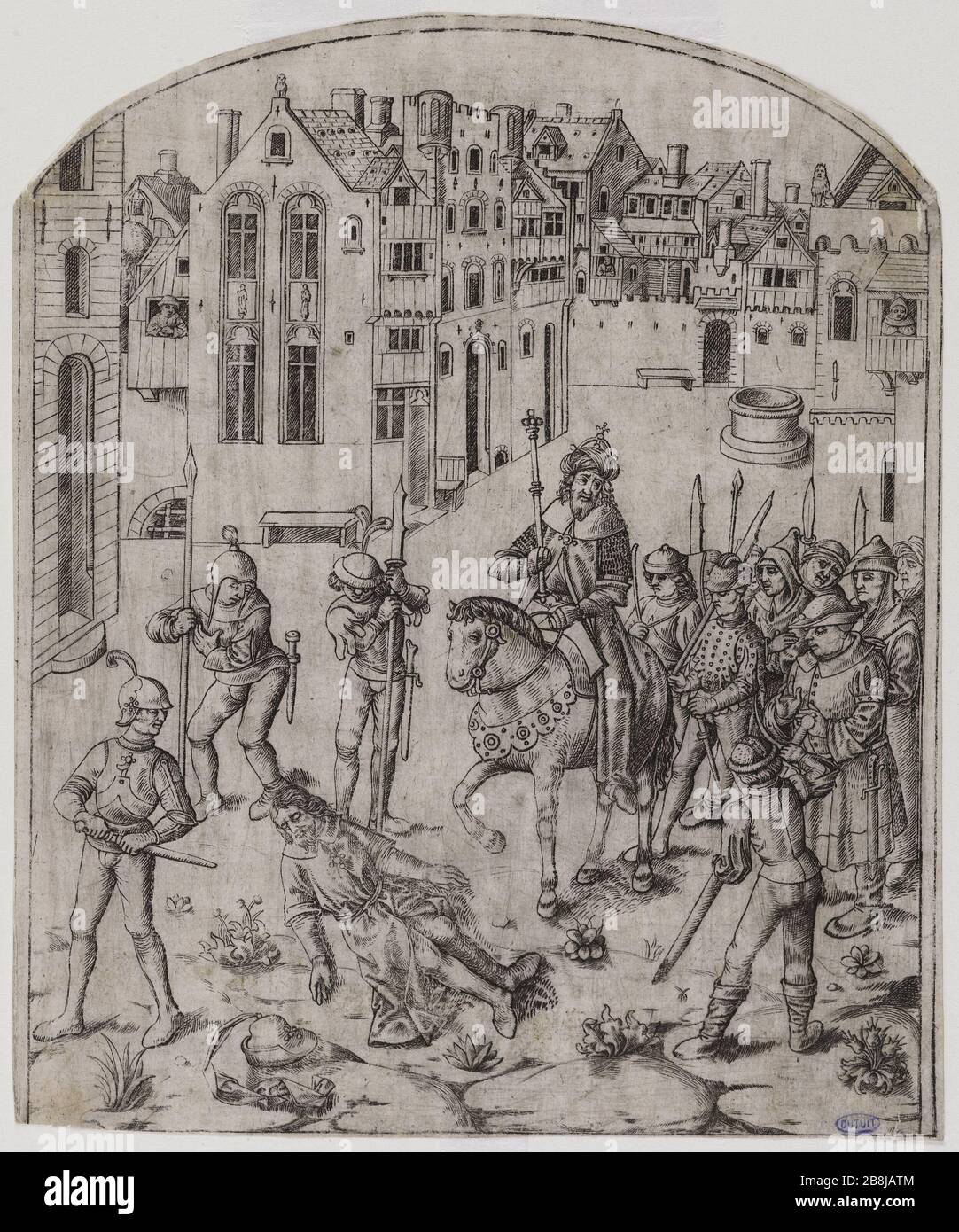 Huit sujets tirés de Boccaccio sur les fortunes des hommes et des femmes. Mort du roi Saül. Maitre de Boccace de Bruges (actif entre 1475 et 1500). Huit sujets tirés du Boccace sur les revers de fortune des hommes et des femmes. 'Sort du roi Saül'. Suite de 2 pièces. (Passavant 5, tome II, page 275). Burin. Musée des Beaux-Arts de la Ville de Paris, petit Palais. Banque D'Images