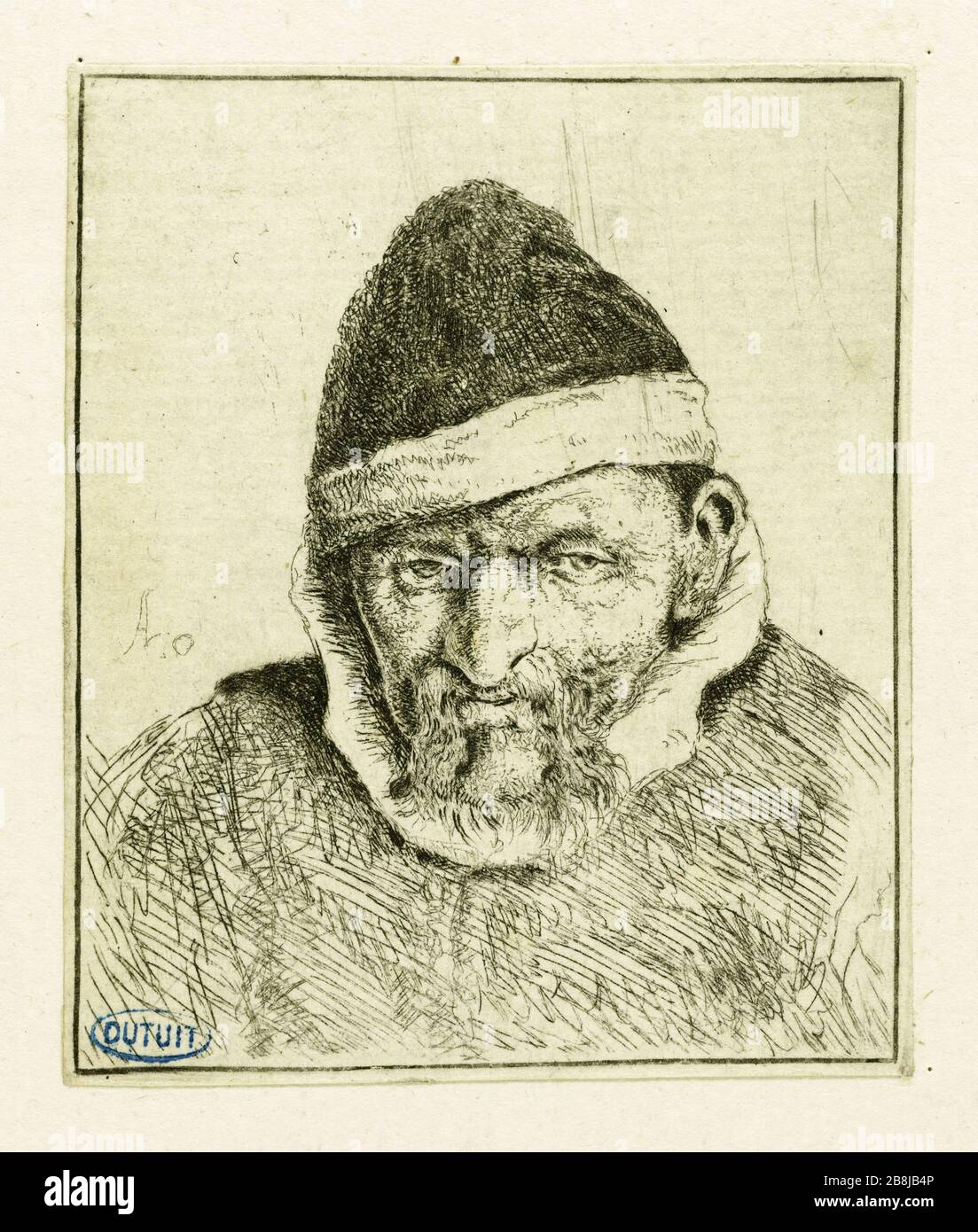 Paysan avec une casquette à fourrure pointue (Bartsch 3) Adriaen Van Ostad (1610-1685). Paysan avec un capot fourré pointu (Bartsch 3). Eau-forte, 1648-1650 Banque D'Images