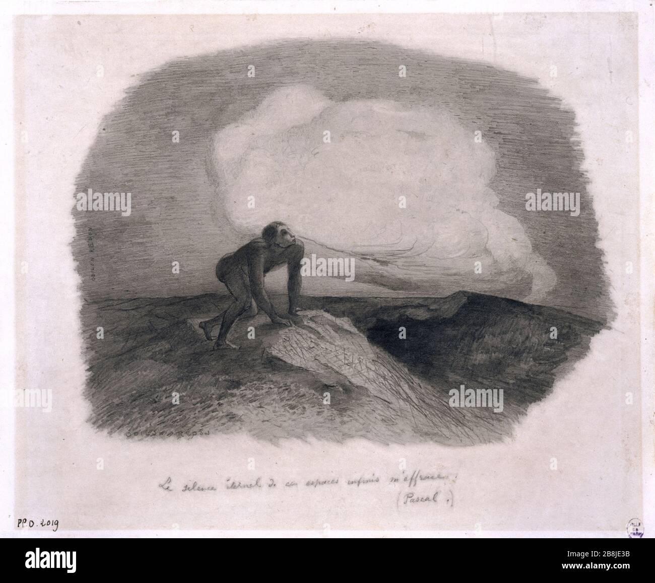 LE SILENCE ÉTERNEL DE CES RÉGIONS M'effraie INFINIE (PASCAL) Odilon Redon (1840-1916). 'Le silence espas infinis m'effraie (Pascal)'. Crayon. Musée des Beaux-Arts de la Ville de Paris, petit Palais. Banque D'Images