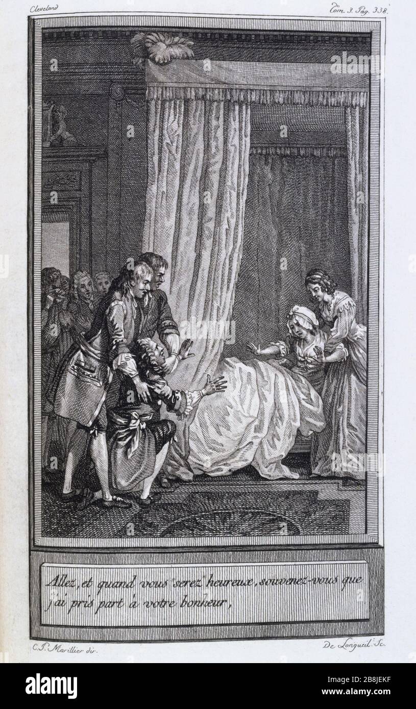 LE PHILOSOPHE ANGLAIS OU HISTOIRE DES oeuvres DE CLEVELAND chorises de l'Abbé Prévost, volume 6, 'le philosse anglais ou Histoire de Cleveland', tome III page 338 : Allez et vous serez heueux vous souvenez que j'ai pris part à votre bonheur. Illustration de Prevost Dexiles (abbé Antoine François, dit l'abbé Prévost) et Marillier, 1783. Musée des Beaux-Arts de la Ville de Paris, petit Palais. Banque D'Images