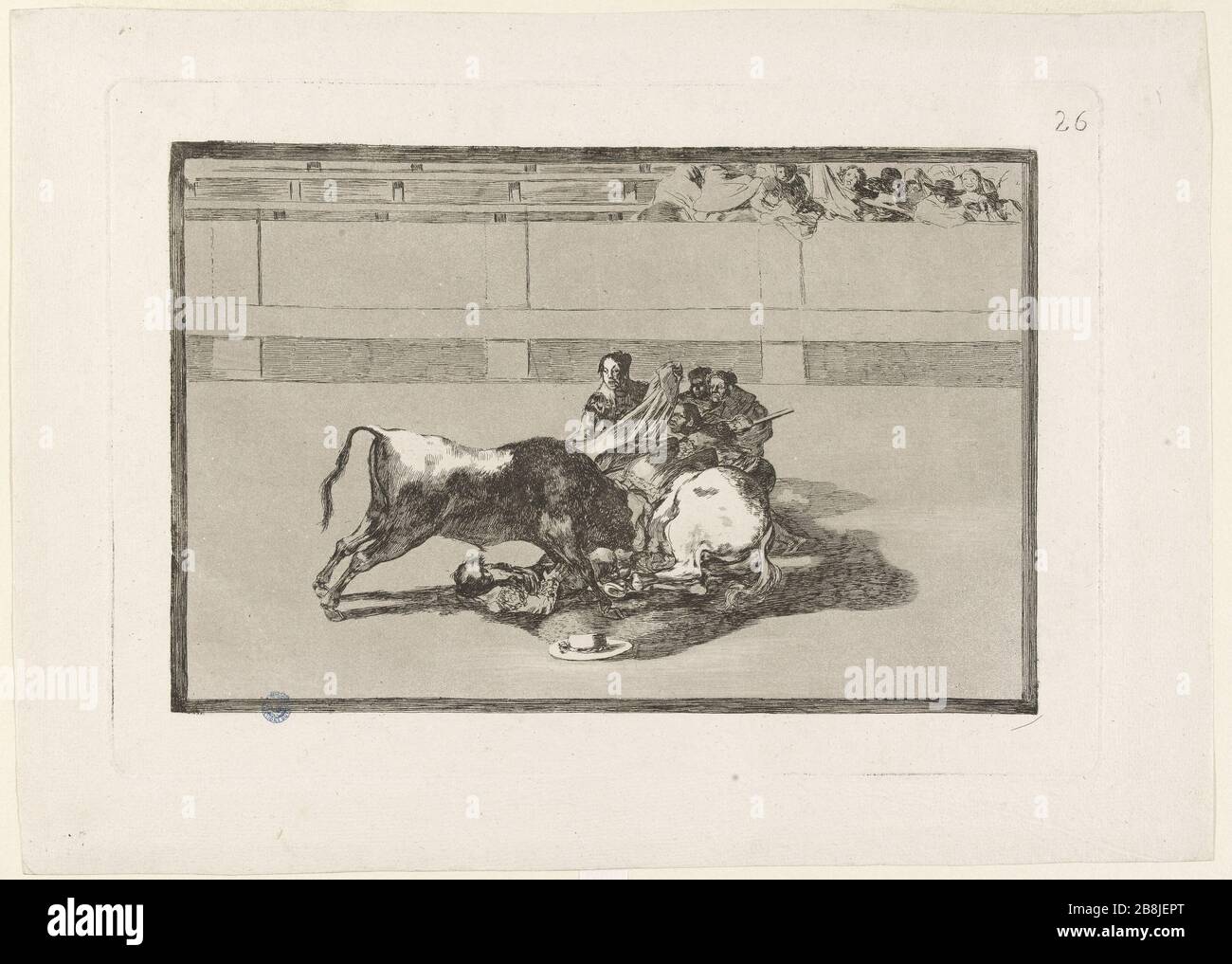 TAUROMACHIE - PL. 26 - UN CHOPPER TOMBANT SOUS SON CHEVAL EL TORO - H 229 III1 FRANCISCO GOYA (1746-1828). 'Tauromachie - PL. 26 - Caida de un picador de su caballo debajo del toro - H 229 III1'. Eau-forte, pointe flèche et aquatinte, travaux de brunissoir - première édition. Musée des Beaux-Arts de la Ville de Paris, petit Palais. Banque D'Images