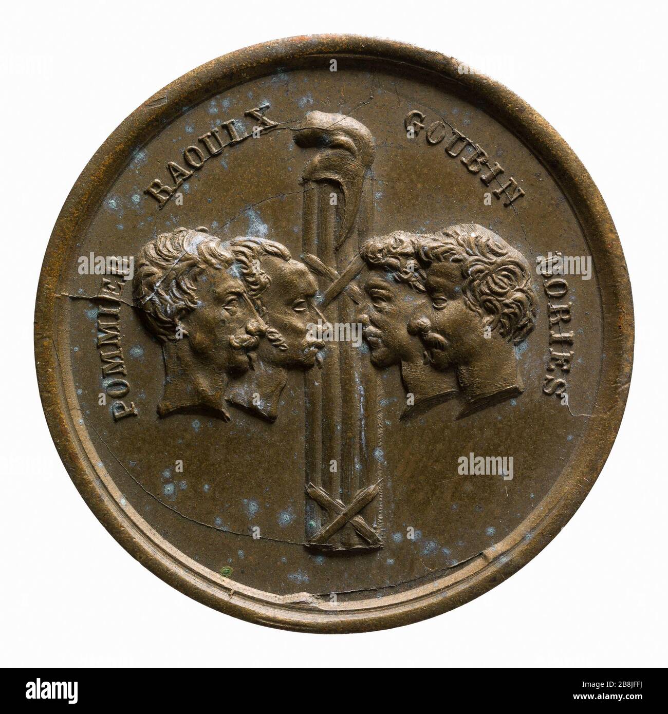 Médaille commémorative : sergents de l'Apple Rochelle Raoulx, Goubin et Bories, morts le 21 septembre 1822 (titre factice) Médaille commémorative : sergents de la Rochelle Pommier, Raoulx, Goubin et Bories, morts le 21 septembre 1822. Cuivre doré (dorure). Paris, musée Carnavalet. Banque D'Images