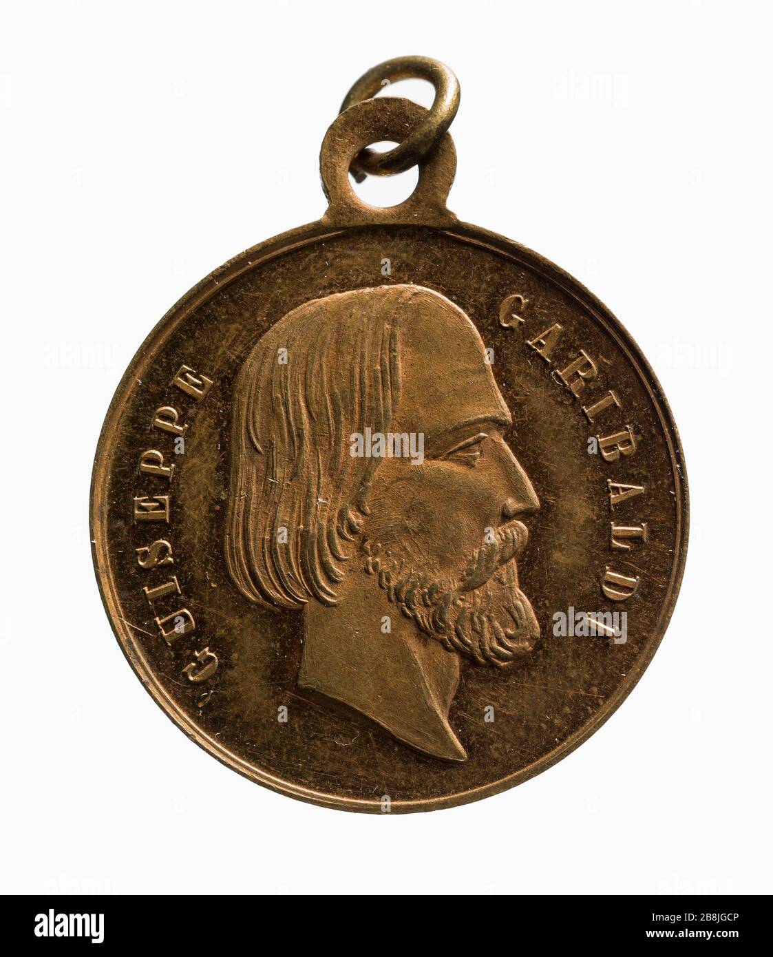 Général Garibaldi contrôlant les chasseurs alpins pendant la guerre d'indépendance italienne, le XIXe siècle (titre factice) le général Garibaldi commandante les chasseurs des Alpes pendentif le guerre d'indépendance italienne, XIXe siècle. Cuivre et dorure. Paris, musée Carnavalet. Banque D'Images