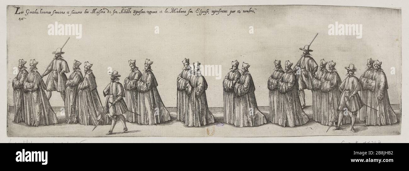 Funérailles de Charles troisième nom, duc de Lorraine, Nancy fait l'année 1608, quarante-sixième représentation du conseil d'administration de la procession: Les messieurs serviteurs et suivant les lord maisons de Lorraine et sa femme (le Blanc 59 page 516 ; Andreas Andresen 10, Volume 4, page 192) Friedrich Brentel, dit Brentel le père (1580-1651). Pompe funèbre de Charles troisième du nom, Duc de Lorraine, fait à Nancy l'an 1608, quarante-sixième planète de la représentation du cortège : les gentilshommes serviteurs et auxiliaires des maisons de Monseigneur de Lorraine et son épouse (le Blanc 59 page 516 ; Andreas Andresen 1 Banque D'Images