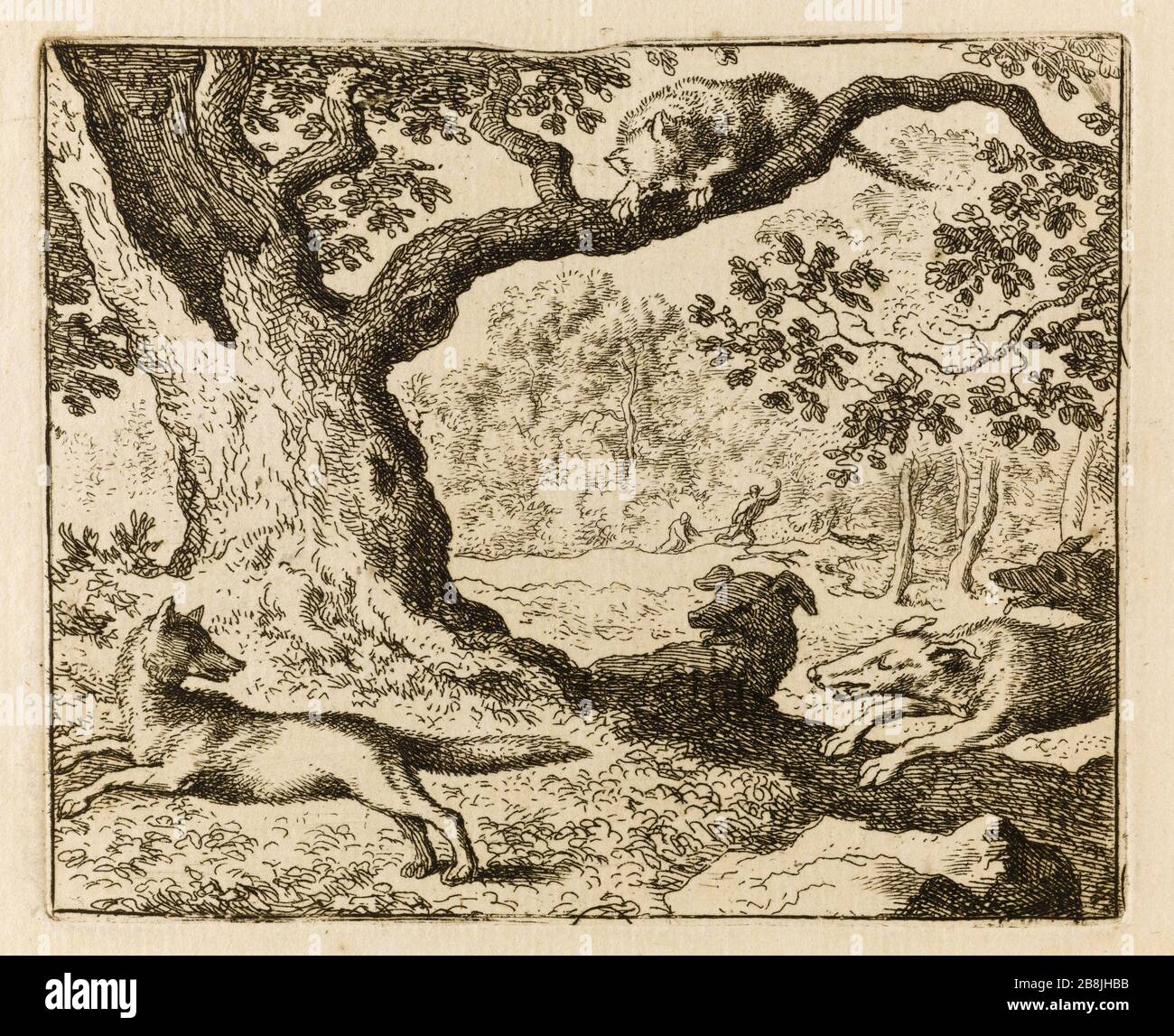 Le Roman de Renard: 51- troisième histoire représentée en sculpture au bord du miroir: le renard père surpris par plusieurs chiens de chasse dans une promenade qu'il était avec le chat, est abandonné en défiance de la promesse qu'ils ont été donnés pour s'aider mutuellement en cas de danger. (Bartsch 51) Allart van Everdingen (1621-1675). Le Roman de Renard : 51- Troisième histoire reprénnée en sculpture dans la corde du miroir : le père du renard surpris par plusieurs chiens de chasse dans une promenade qu'il fisait avec le chat, se dit abandonné au mépris de la proche qu'il s qu'ils s ont sec Banque D'Images