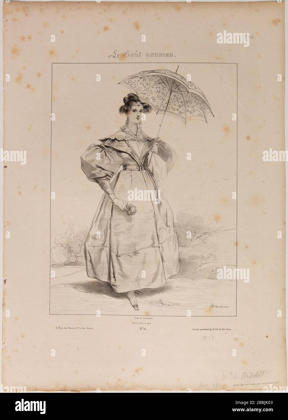 Le nouveau goût : divers motifs pris de la nature. Miss of Hinnisdal Achille Devéria (1800-1857) et Rose Joseph Lemercier (1803-1887). Le Goût Nouveau : motifs variés pris d'après nature. La ville de Minnisdal. Lithographie. 1831. Paris, Musée Carnavalet. Banque D'Images