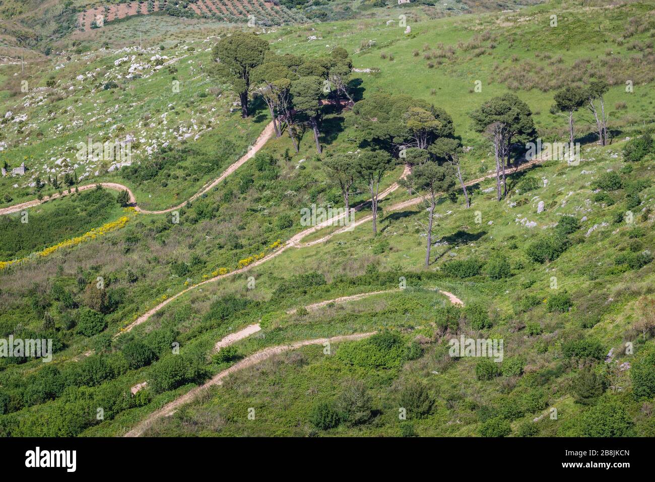 Chemin sinueux sur une pente de la montagne Erice vue de la ville historique Erice sur un Mont Erice dans la province de Trapani en Sicile, dans le sud de l'Italie Banque D'Images