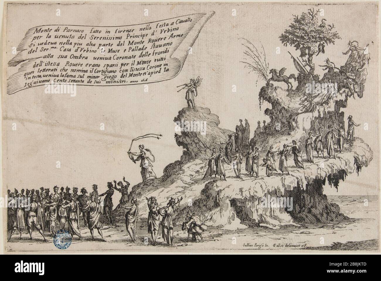 La guerre de beauté, le Chariot du Mont Parnassus. Premier numéro d'une série de 5 pièces (Lieure 178 Meaume 636) Jacques Callot (1592-1635). 'Guerre de beuté, le Char du Mont Parnou. Premier ministre numéro d'une suite de 5 pièces (Lieure 178, Meaume 636). Eau-forte. 1616. Musée des Beaux-Arts de la Ville de Paris, petit Palais. Banque D'Images