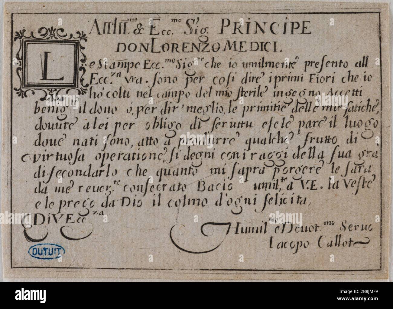 Les Caprices, dévouement à Lorenzo de Medici. Deuxième numéro de la suite de 50 pièces gravées à Nancy (Lieure 429 Meaume 771) Jacques Callot (1592-1635). 'Les Caprices, Dicace à Laurent de Médicis. Deuxième numéro de la suite de 50 pièces gravée à Nancy' (lieu 429, Meaume 771). Eau-forte. 1621. Musée des Beaux-Arts de la Ville de Paris, petit Palais. Banque D'Images