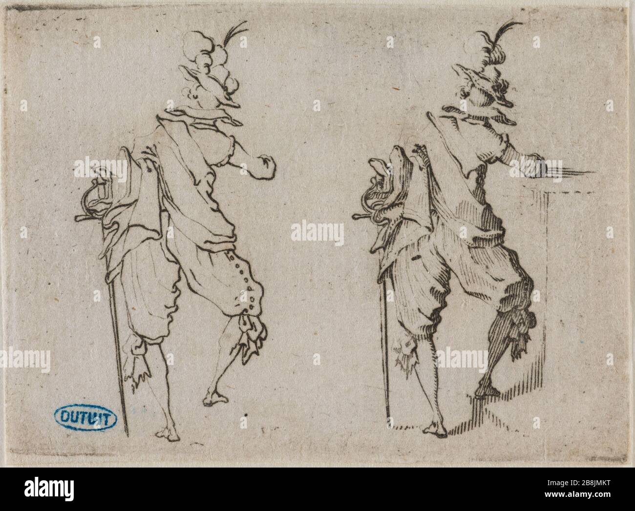 Les Caprices, l'homme vu de derrière avec une grande épée. Dix-septième chiffre en séquence de 50 pièces gravées Florence (Lieure 230 Meaume 800) Jacques Callot (1592-1635). 'Les Caprices, l'Homme vu de dos avec une grande épée. Dix-septième numéro de la suite de 50 pièces gravées à Florence' (Lieure 230, Meaume 800). Eau-forte. 1617. Musée des Beaux-Arts de la Ville de Paris, petit Palais. Banque D'Images