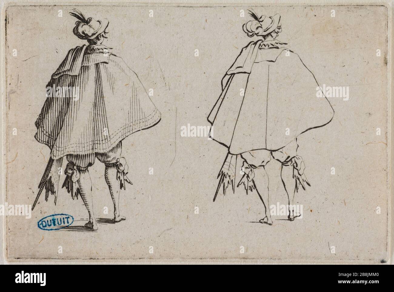 Les Caprices, le monsieur a vu le grand manteau de dos. Vingt-deuxième chiffre en séquence de 50 pièces gravées Nancy (Lieure 449, Meaume 811) Jacques Callot (1592-1635). 'Les Caprices, le Gentilhomme au grand marteau vu de dos. Vingt-duxième numéro de la suite de 50 pièces gravée à Nancy' (lieu 449, Meaume 811). Eau-forte. 1621. Musée des Beaux-Arts de la Ville de Paris, petit Palais. Banque D'Images