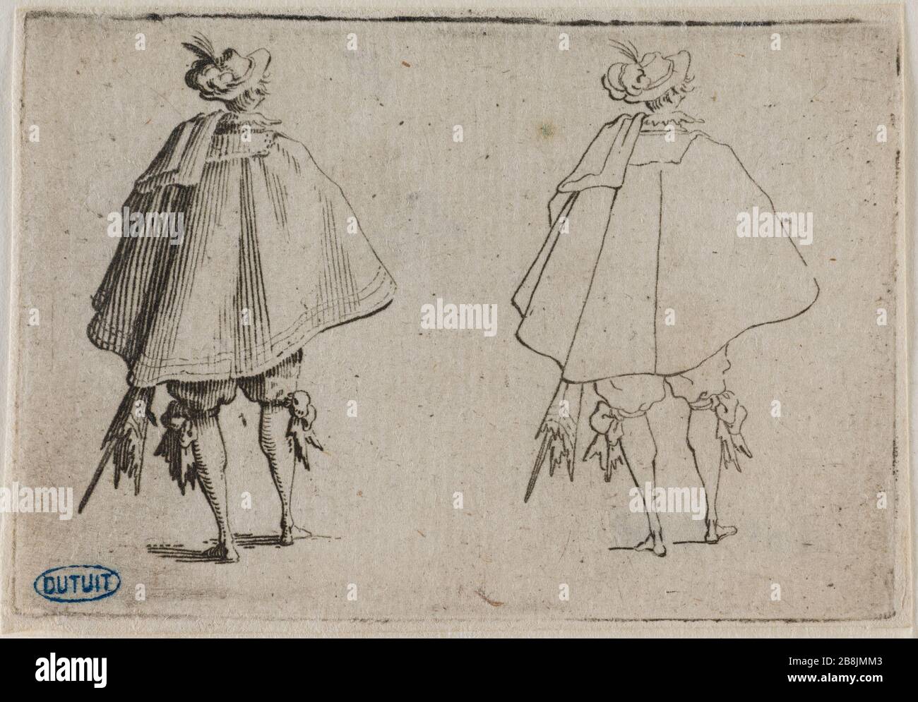 Les Caprices, le monsieur a vu le grand manteau de dos. Vingt-deuxième édition de la suite de 50 pièces gravées à Florence (Lieure 235 Meaume 810) Jacques Callot (1592-1635). 'Les Caprices, le Gentilhomme au grand marteau vu de dos. Vingt-duxième numéro de la suite de 50 pièces gravée à Florence' (Lieure 235, Meaume 810). Eau-forte. 1617. Musée des Beaux-Arts de la Ville de Paris, petit Palais. Banque D'Images