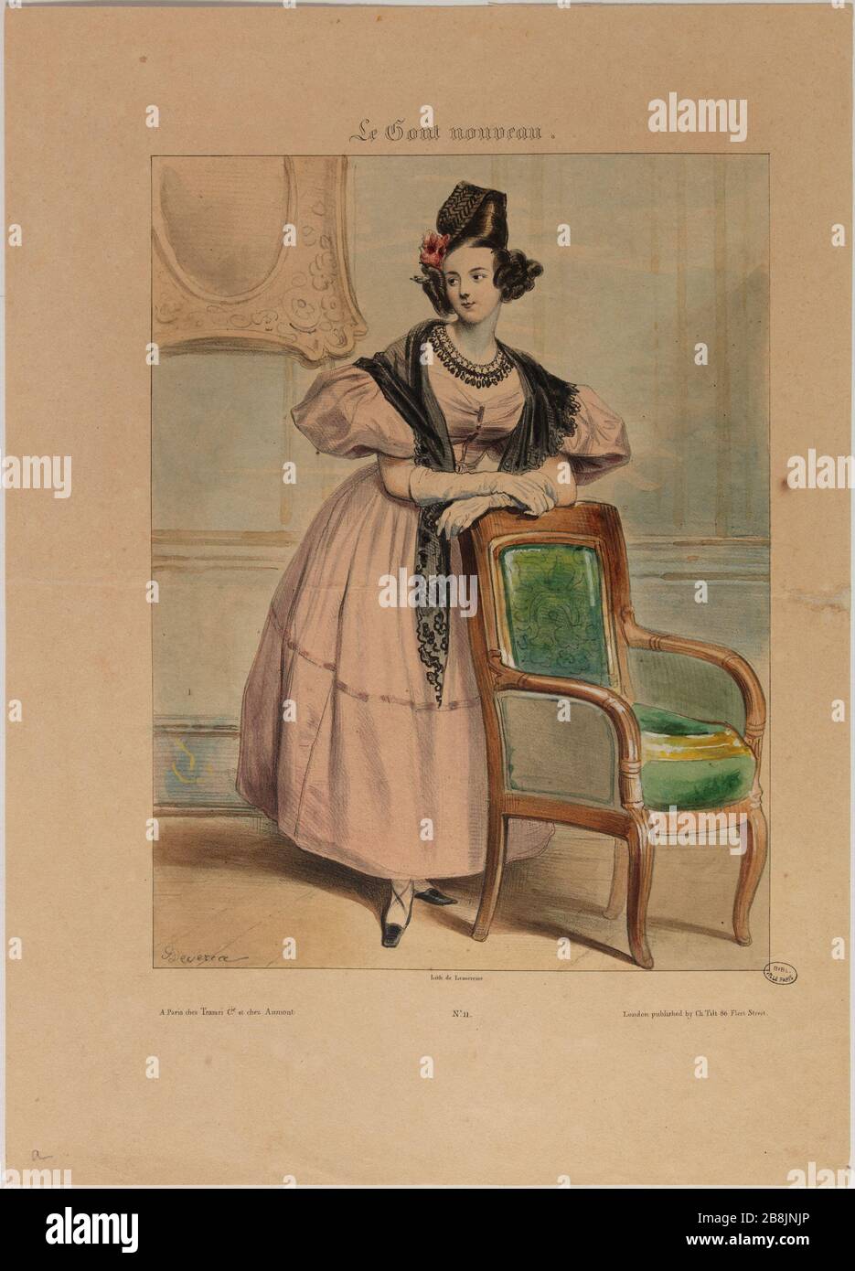 Le nouveau goût : divers motifs pris de la nature. Mme Vatrin Achille Devéria (1800-1857) et Rose Joseph Lemercier (1803-1887). Le Goût Nouveau : motifs variés pris d'après nature. Mme Vatrin. Lithographie aquarellée. 1831. Paris, musée Carnavalet. Banque D'Images