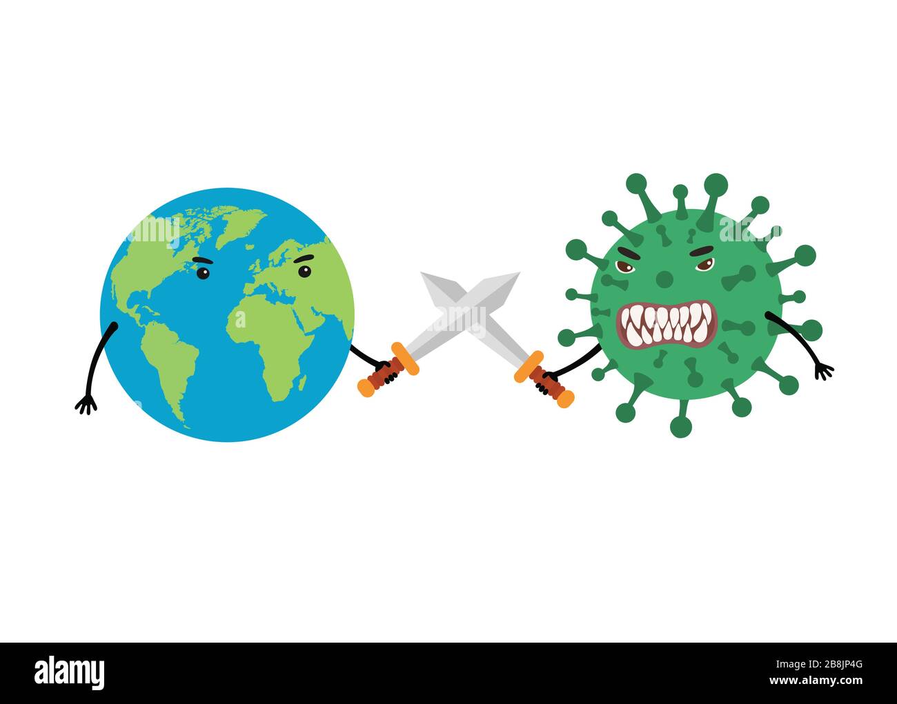 La Terre utilise des épées pour combattre le Coronavirus. Le concept de lutte contre les virus. Illustration de Vecteur
