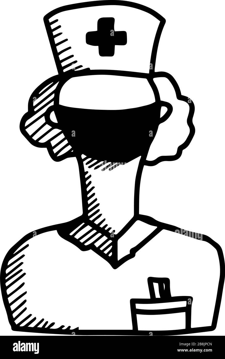 Médecin dans le masque médical dans le style de gribouille isolé sur fond blanc. Illustration du symbole de contour vectoriel. Pandémie du virus Corona COVID-19. Quarantaine. Sur Illustration de Vecteur