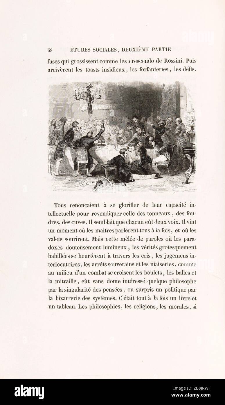 [Fête] Henri-Charles-Antoine Baron (1816-1885) et Moret. 'La peau de chagrin', roman d'Honoré de Balzac (1799-1850), édition illustraée. « le banquet ». Gravitation sur acier. Edition H. Delloye et Victor Lecou, 1838. Paris, Maison de Balzac. Banque D'Images