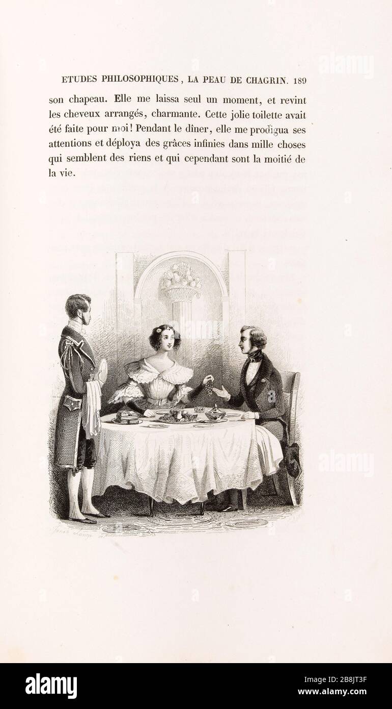 [Foedora et Raphael dînant à la comtesse] Janet-Lange (1815-1872) et Ferdinand Jean Joubert (1810-1884). 'La peau de chagrin', roman d'Honoré de Balzac (1799-1850), édition illustraée. 'Foedora et Raphaël Gînant chez la comtesse'. Gravitation sur acier. Edition H. Delloye et Victor Lecou, 1838. Paris, Maison de Balzac. Banque D'Images