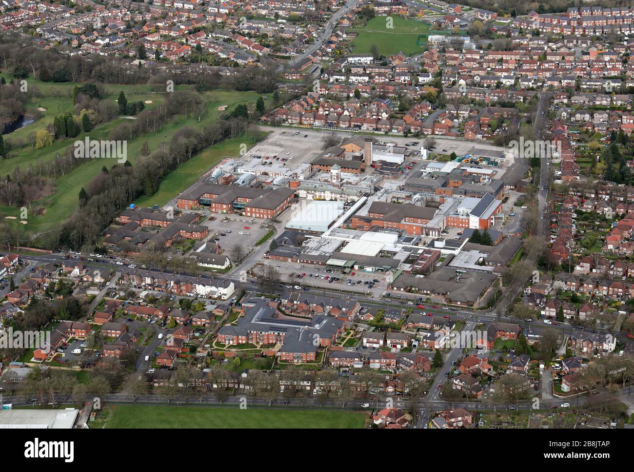Vue aérienne de l'hôpital général Trafford, Manchester Banque D'Images