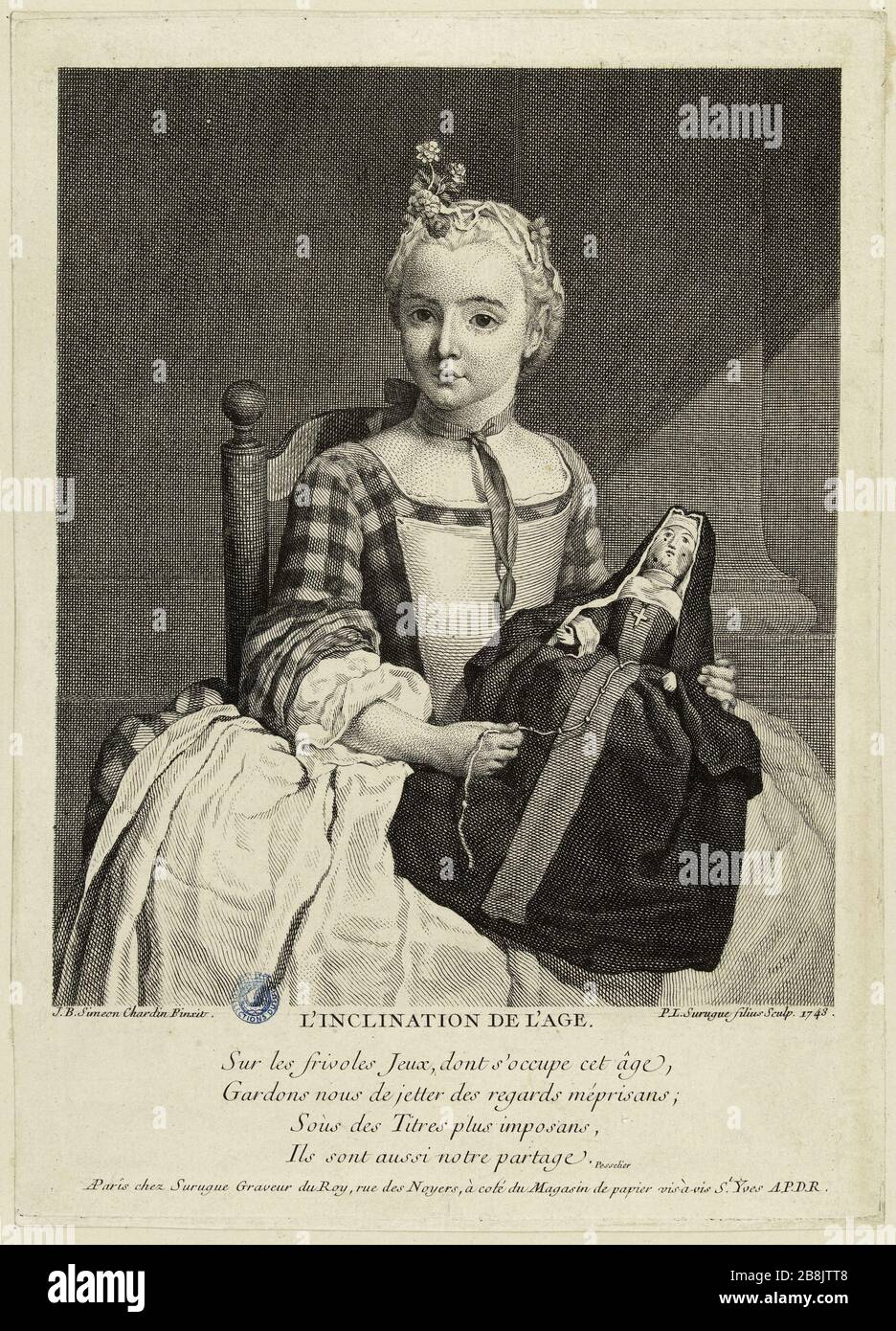 L'inclinaison de l'âge après Chardin (Bocher 25, Marianne Roland Michel XXVI p. 278) Pierre-Louis de Surugue (1710-1772). L'inclinaison de l'âge d'après Chardin (Bocher 25 ; Marianne Roland Michel XXVI p. 278). Burin, 1743. Musée des Beaux-Arts de la Ville de Paris, petit Palais. Banque D'Images