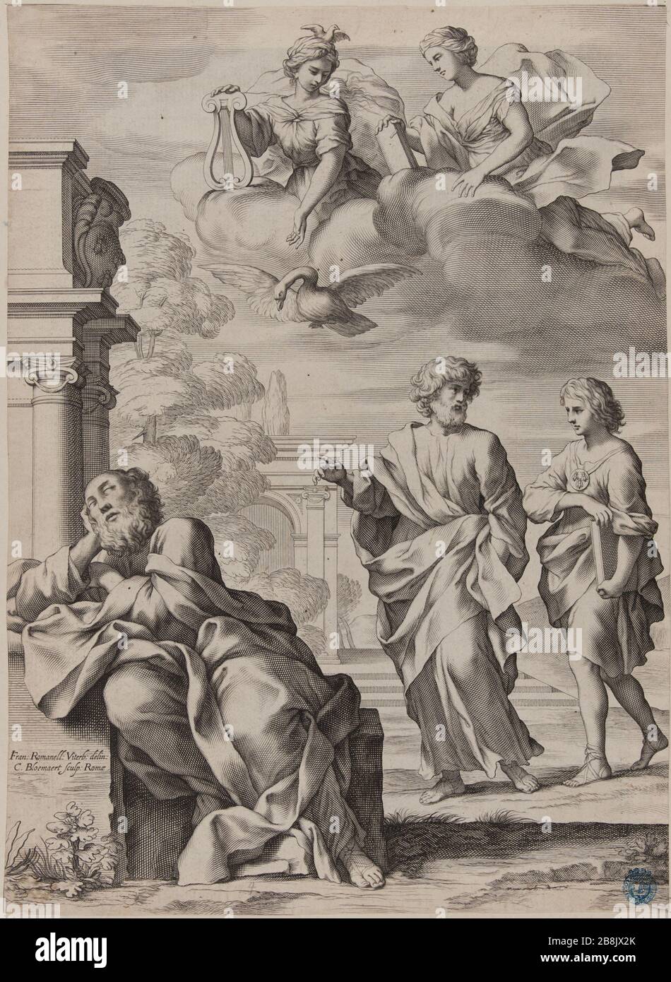 Allégorie : un philosophe qui fait remarquer à un jeune homme un vieil homme endormi après Romanelli (Dutuit p 39, 206 le Blanc). Cornelis II Bloemaert, dit le Jeune (1603-1692). Allégorie : un philippe faussant marqueur à un jeune homme un vieillard endormi d'après Romanelli (Dutuit p. 39, le Blanc 206). Burin, XVIIème siècle. Musée des Beaux-Arts de la Ville de Paris, petit Palais. Banque D'Images