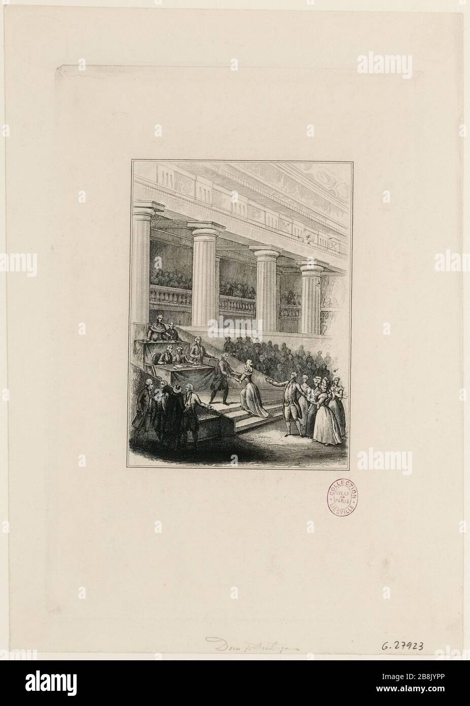 Offrandes faites par des artistes dames à l'Assemblée constituante nationale (réunion à Versailles), 7 septembre 1789. Mme Moitte leur remet une cassette de bijoux. (Titre factice) Banque D'Images