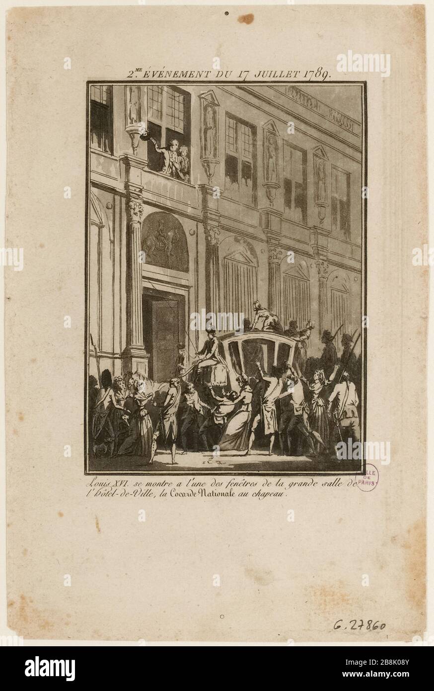 21ème collection de tableaux de gravures historiques d'événements majeurs depuis l'ouverture des Etats généraux (1789-1791). Louis XVI portant la cocarde nationale à l'une des fenêtres de la Grande salle de l'Hôtel de Ville le 17 juillet 1789, actuel 4ème arrondissement. Révolution française. (titre factice) Banque D'Images
