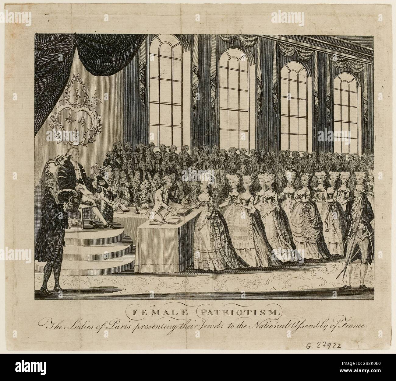 Offrandes faites par des artistes dames à l'Assemblée constituante nationale (réunion à Versailles), 7 septembre 1789. Mme Moitte leur remet une cassette de bijoux. (Titre factice) Banque D'Images