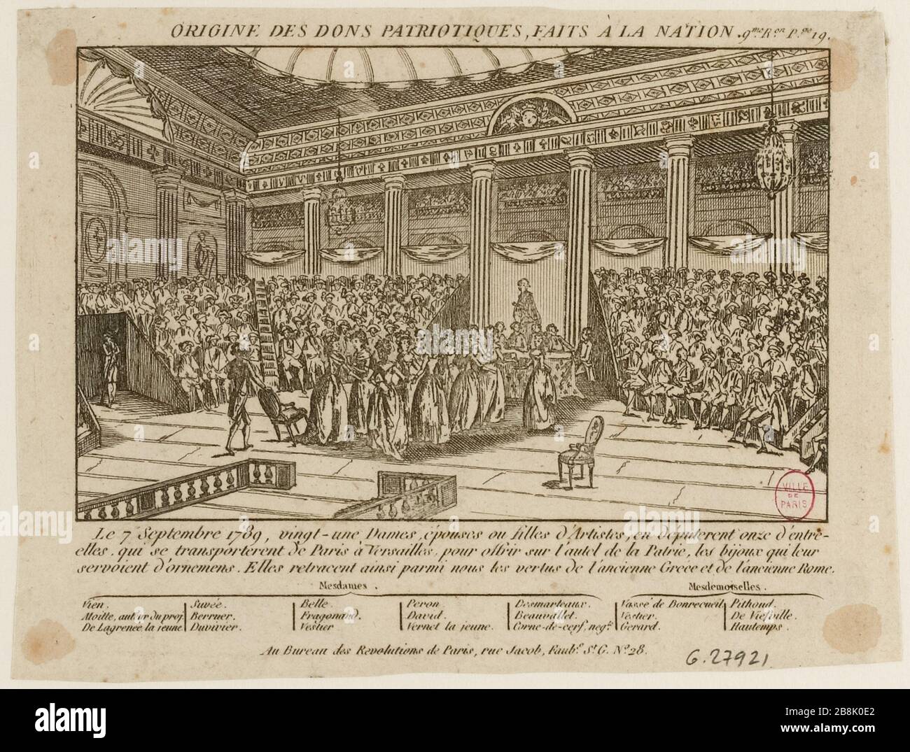 Offrandes faites par des femmes artistes à l'Assemblée constituante nationale (réunion à Versailles), 7 septembre 1789. Mme Moitte leur remet une cassette de bijoux. Bureaux révolutions de Paris. (Titre factice) Banque D'Images