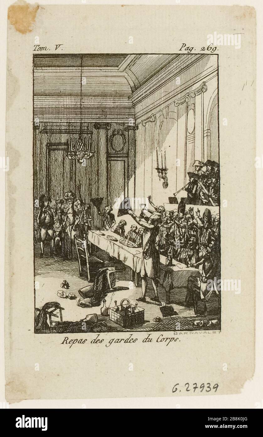 Garde du corps Journée, régiments de Flandre, dragons Montmorency et gardes nationaux de Versailles. À la lecture de la cocarde nationale, ils portent le signe rond noir de la Confédération aristocratique. 31 septembre 1789. Chambre Opéra de Versailles. (Titre factice) Banque D'Images